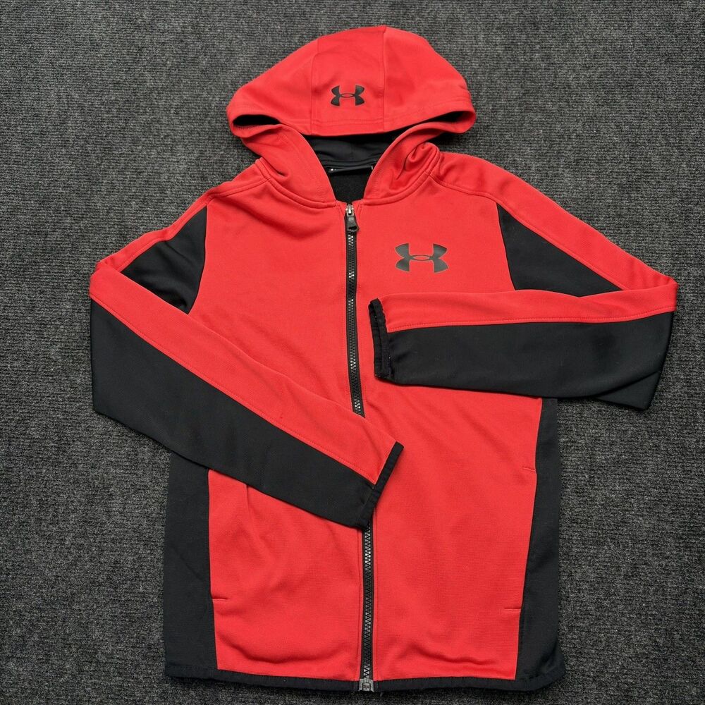 Under Armour ColdGear Colorblock Full Zip Hoodie Jacket Red Black Youth Large